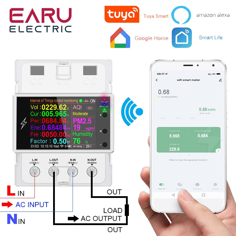 100A Tuya WIFI Din Rail Smart Switch Remote Control AC 220V 110V Digital Power Energy Volt Amp Kwh Frequency Factor Meter